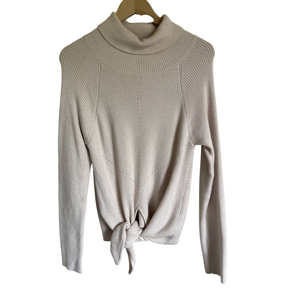 Harper Lane Tan Neutral Ribbed Turtleneck Sweater Tie Front Medium